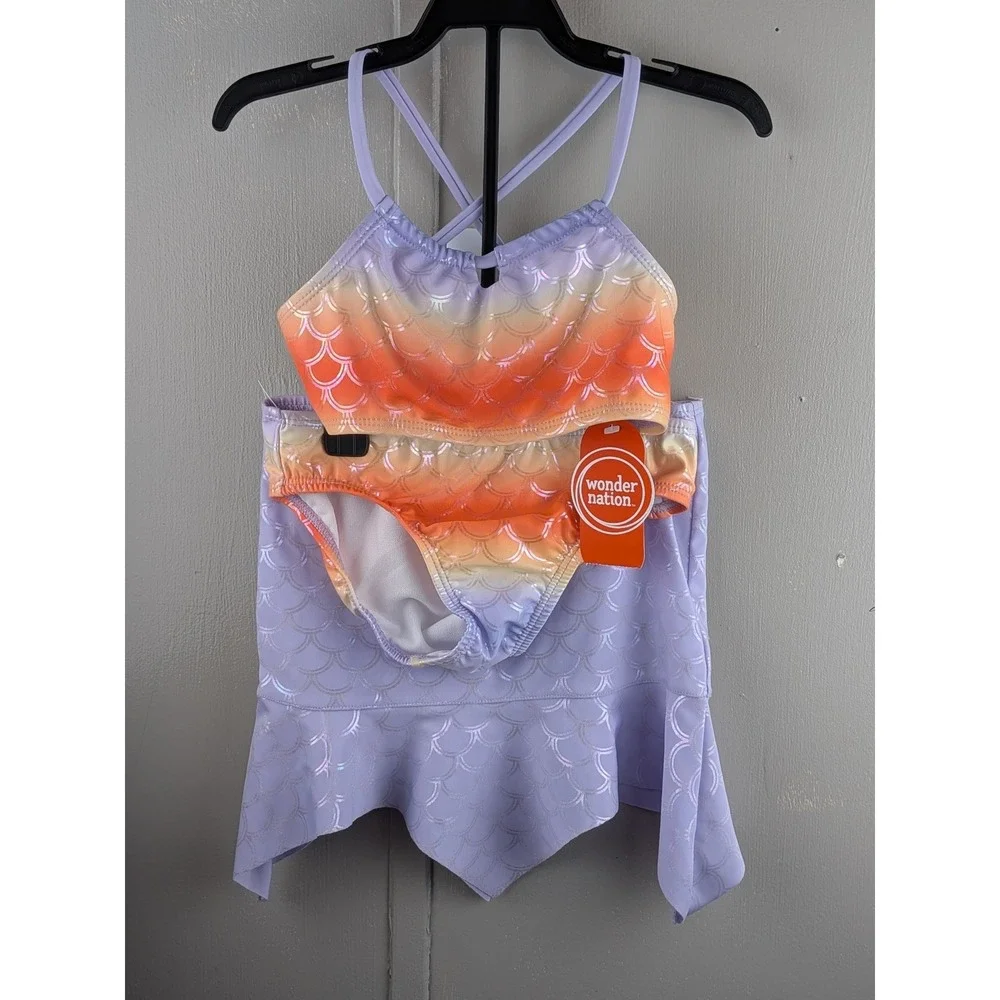 Wonder Nation Girls 3 Piece Mermaid Swimsuit Set Purple Orange Ombre 4T NWT